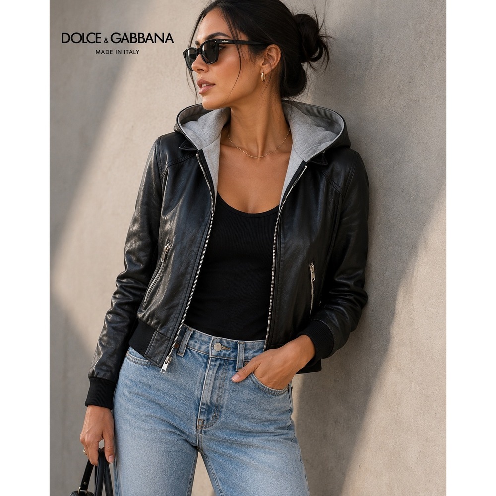 Dolce & Gabbana Black Lambskin Leather Hooded Bomber Jacket TLS35 ULD1 Italy